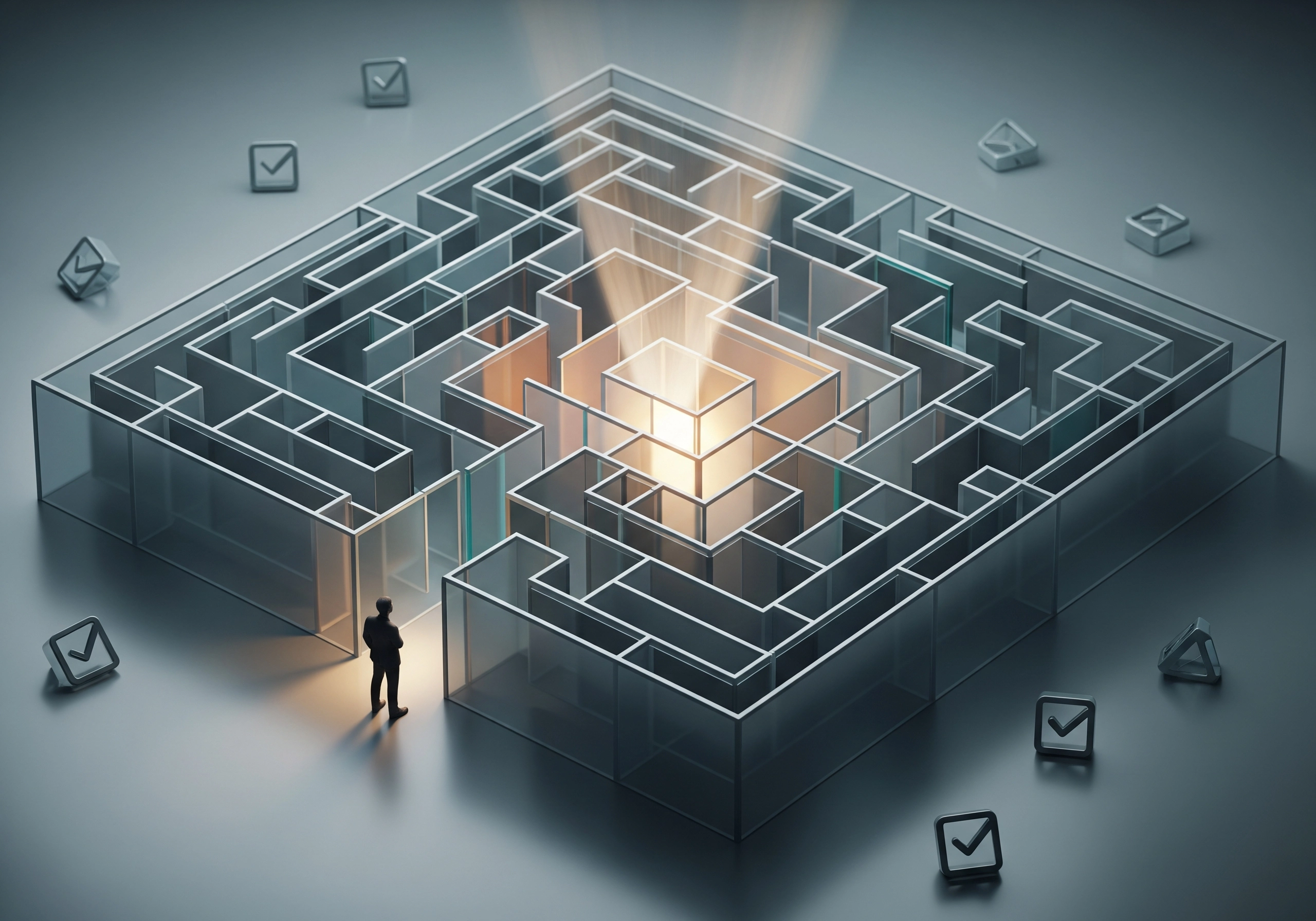 Maze with glowing center, figure at entrance, representing ESG company verification challenges