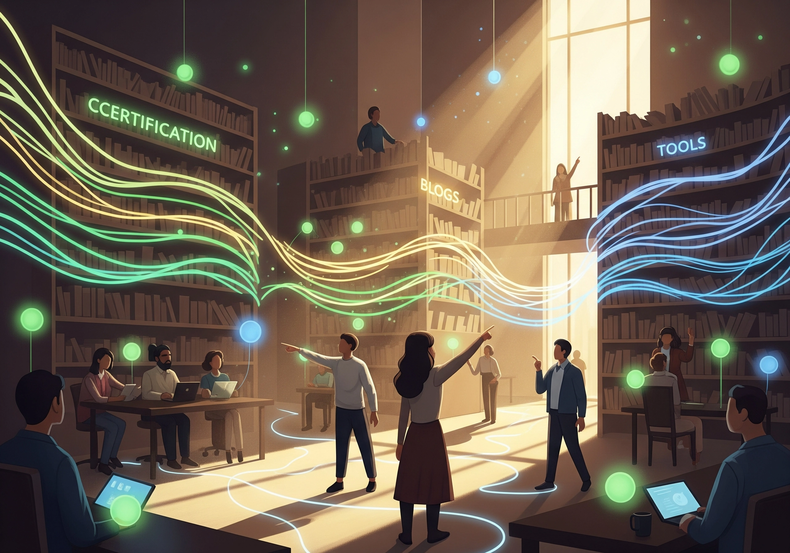 People in library learning about ESG certification courses and ESG compliance certification.