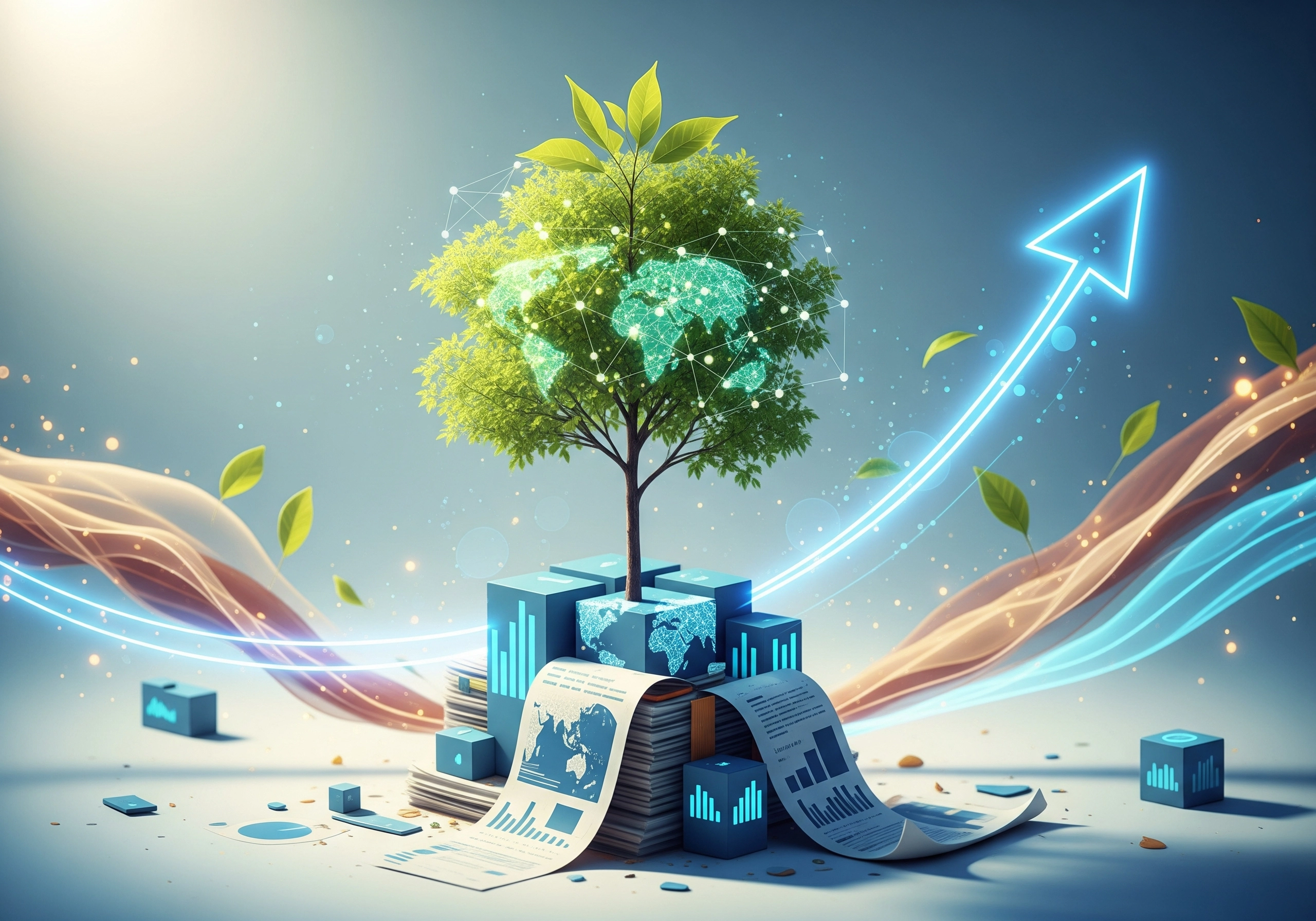 Tree growing from financial reports and blocks with world map, ESG investing concept.