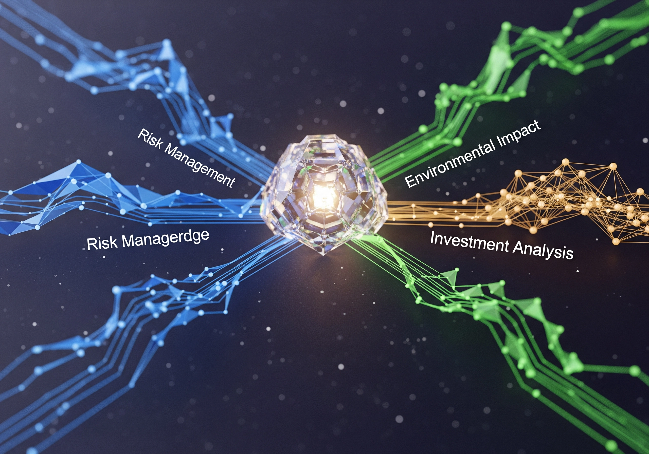 Abstract ESG diagram showing risk management, environmental impact, investment analysis.