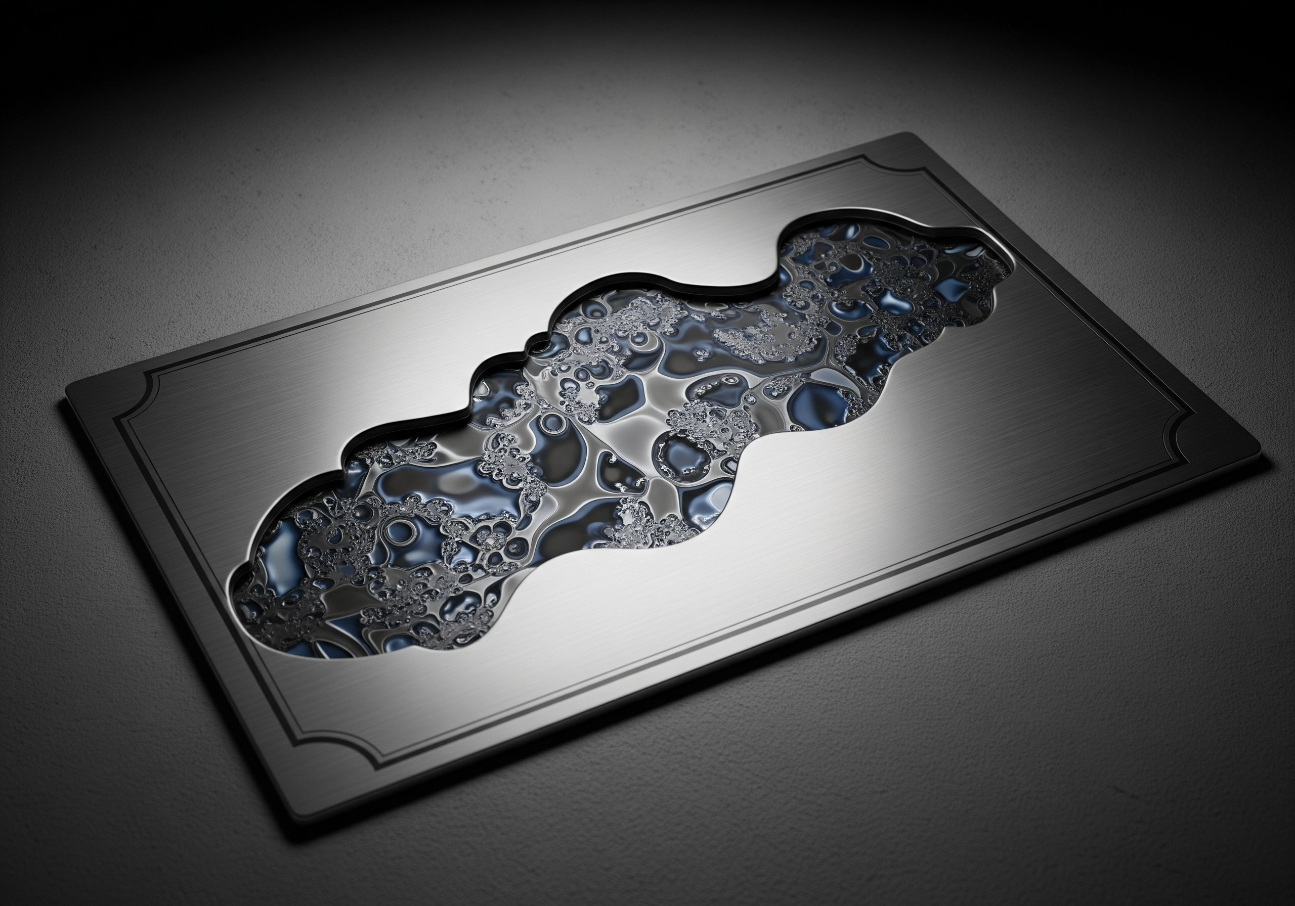 Abstract metal plaque with fractal design cutout, illuminated on dark surface