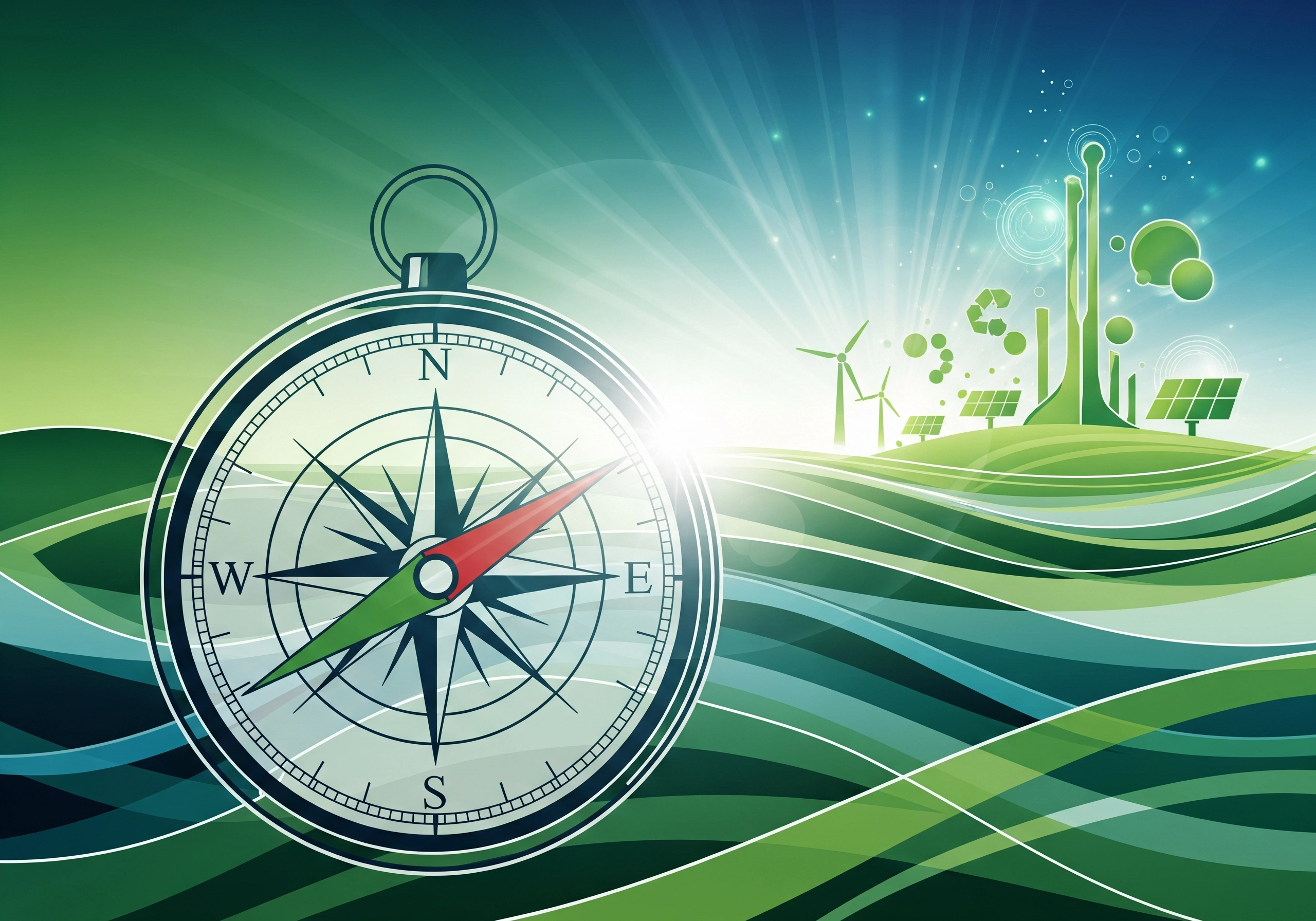 Compass pointing towards ESG investing future, solar panels and wind turbines