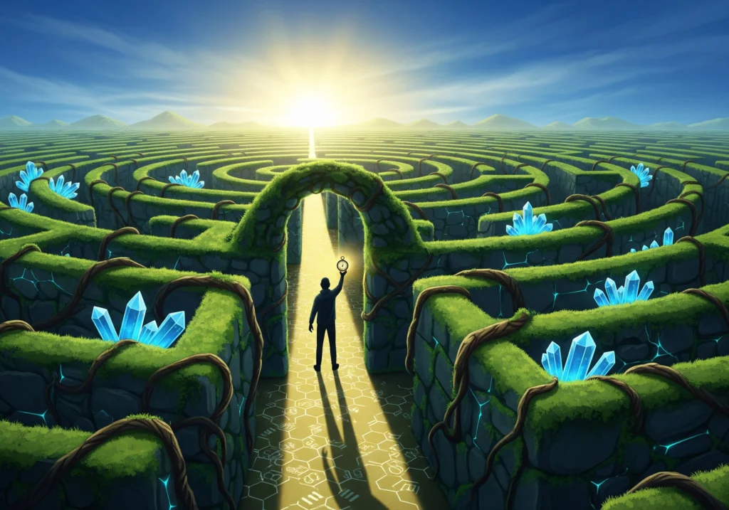 Silhouette holding clock at mossy archway to maze under bright sun