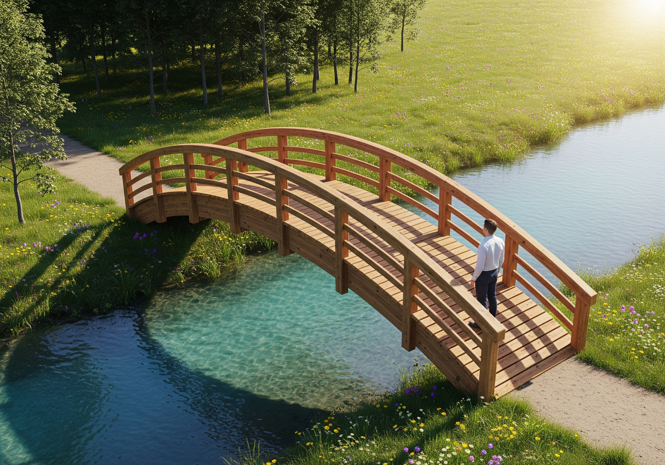 Man in a white shirt stands on an arched wooden bridge over a stream.