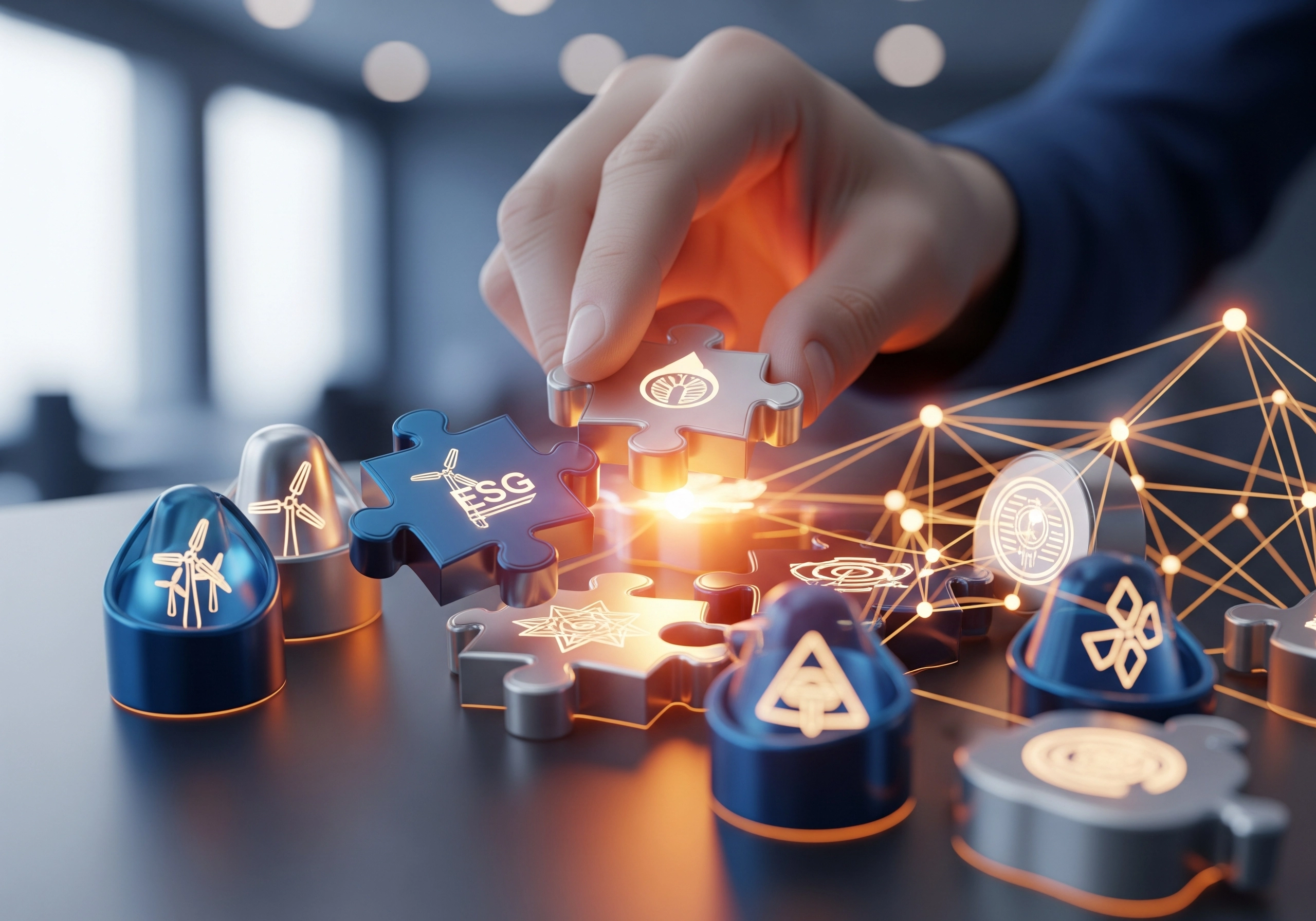 Hand placing ESG puzzle piece among sustainability icons, concept.