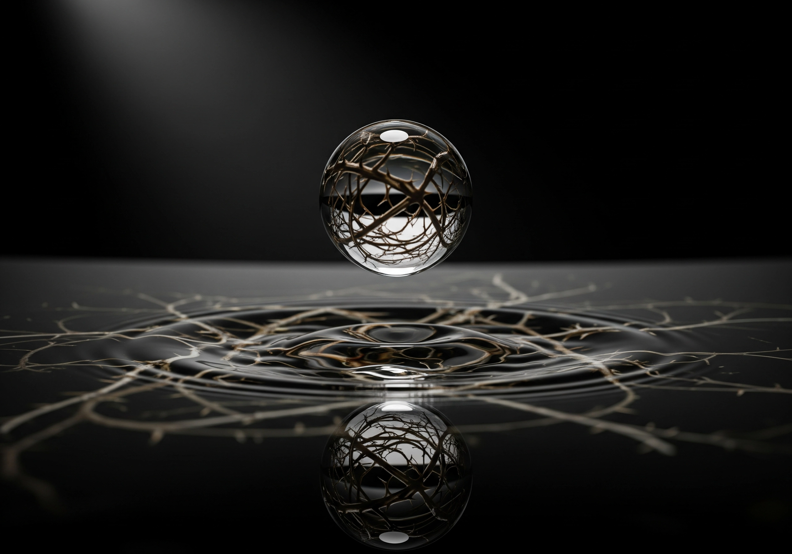 Abstract sphere reflecting branches on rippled black surface