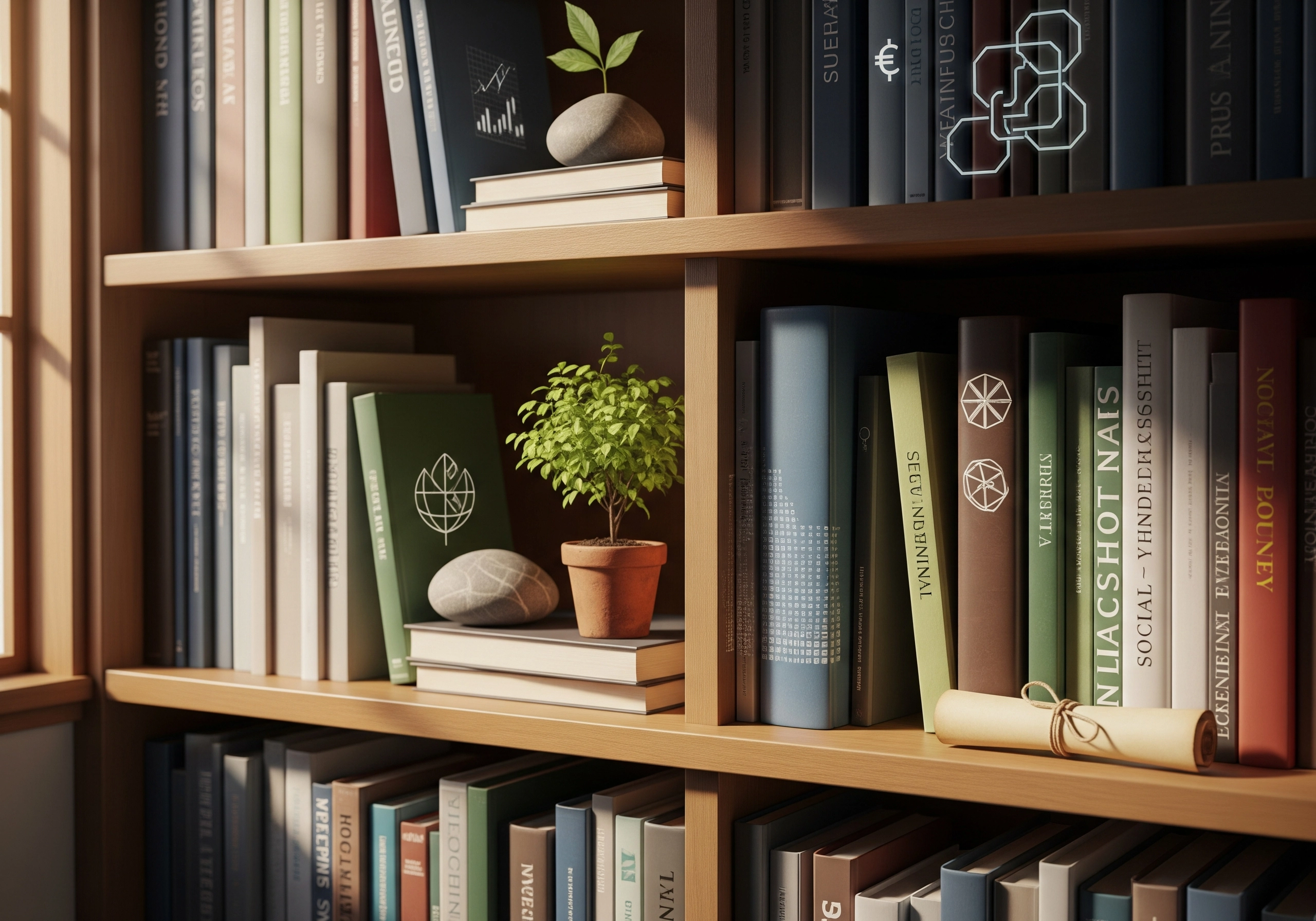 Bookshelf with ESG-related books, plants, and a diploma for ESG qualifications
