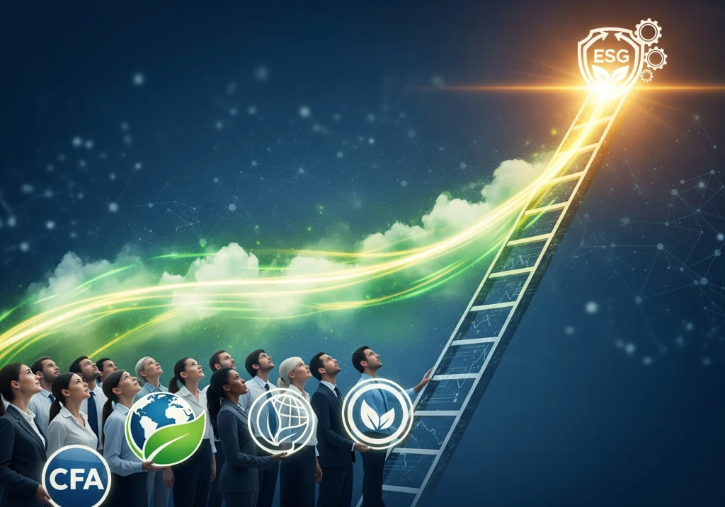 People looking up at a ladder to an ESG certificate, representing career growth.