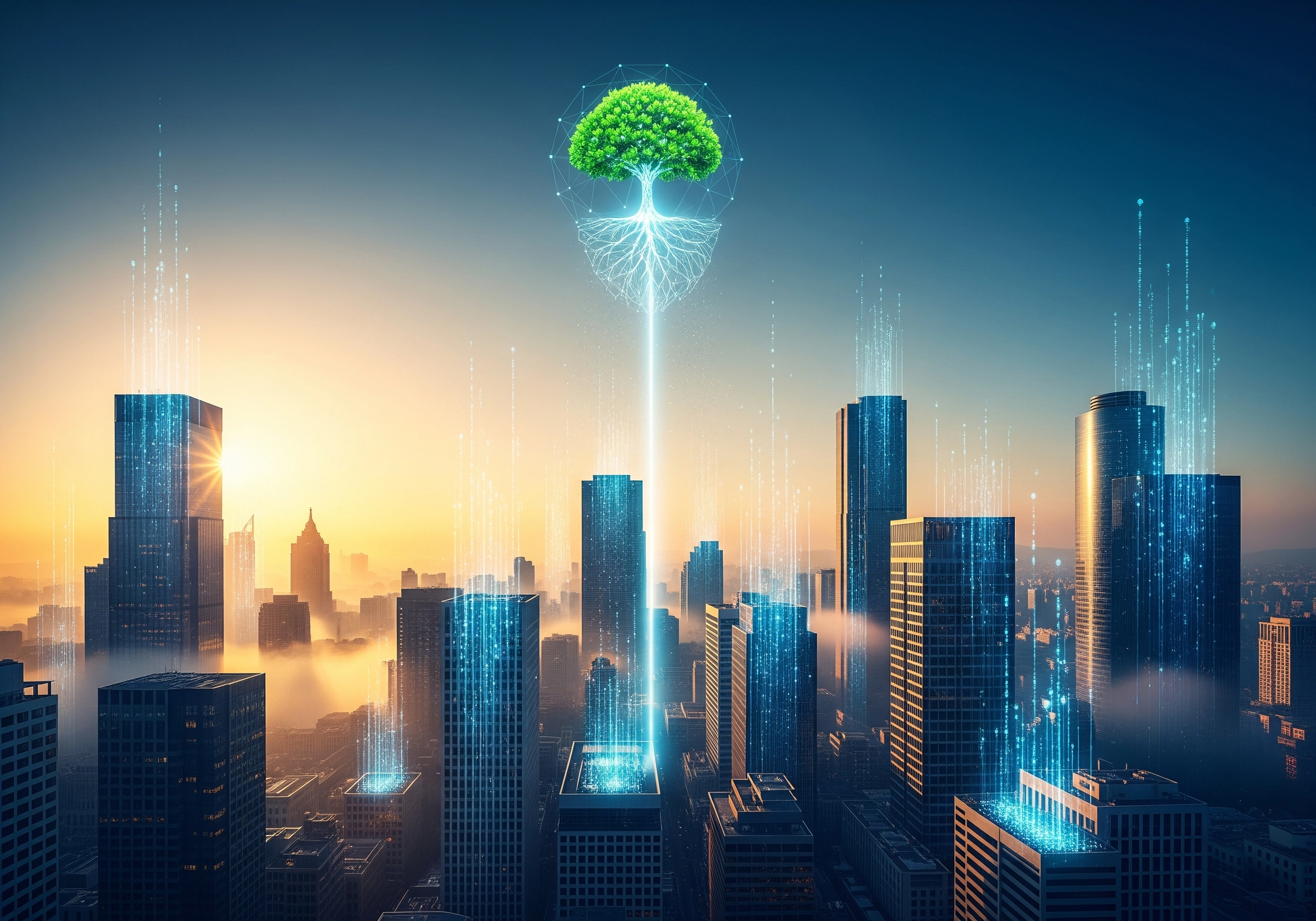 City skyline with a tree above, symbolizing ESG investing and growth.