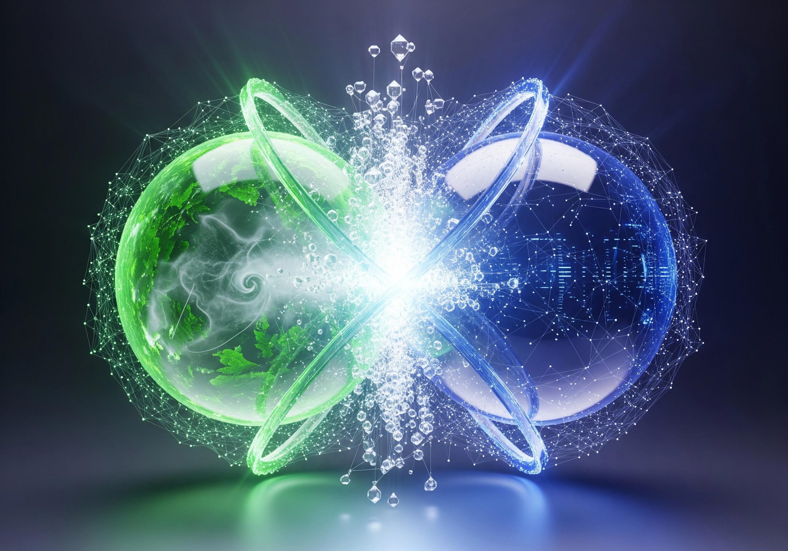 Abstract spheres in green and blue connected by network of lines.