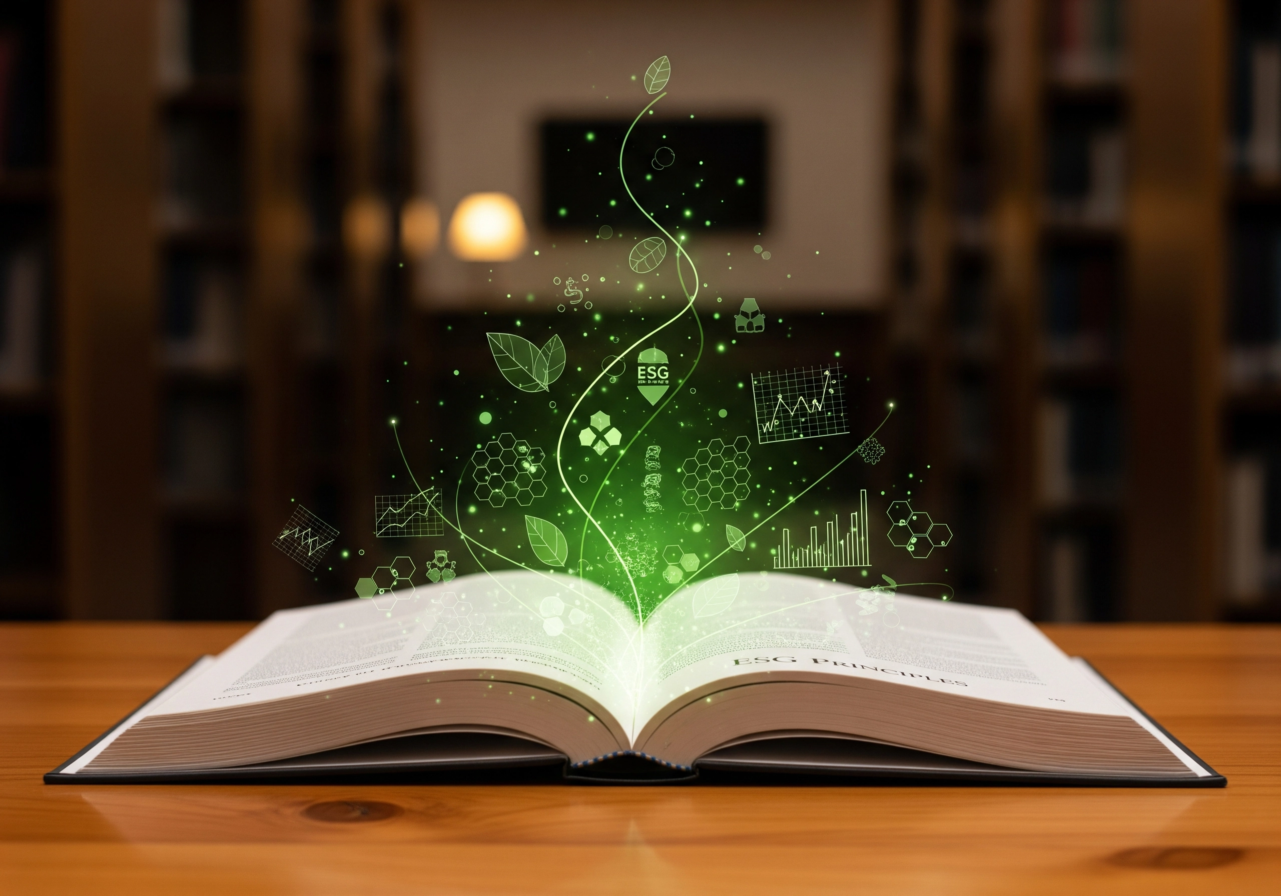 Open book emitting ESG principles graphics, related to certificate in ESG investing.