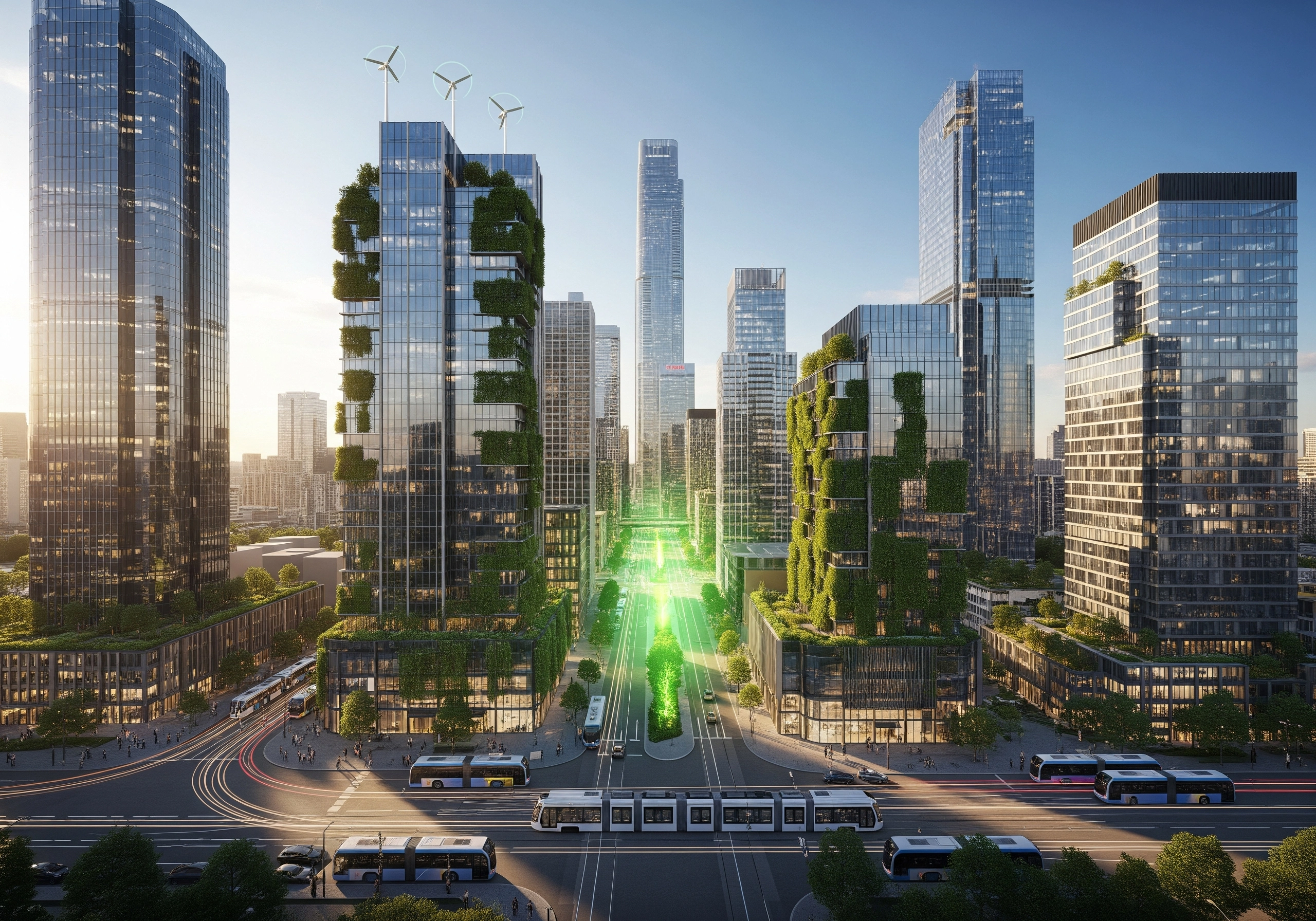 Cityscape with green initiatives, reflecting sustainability ESG certification concepts.