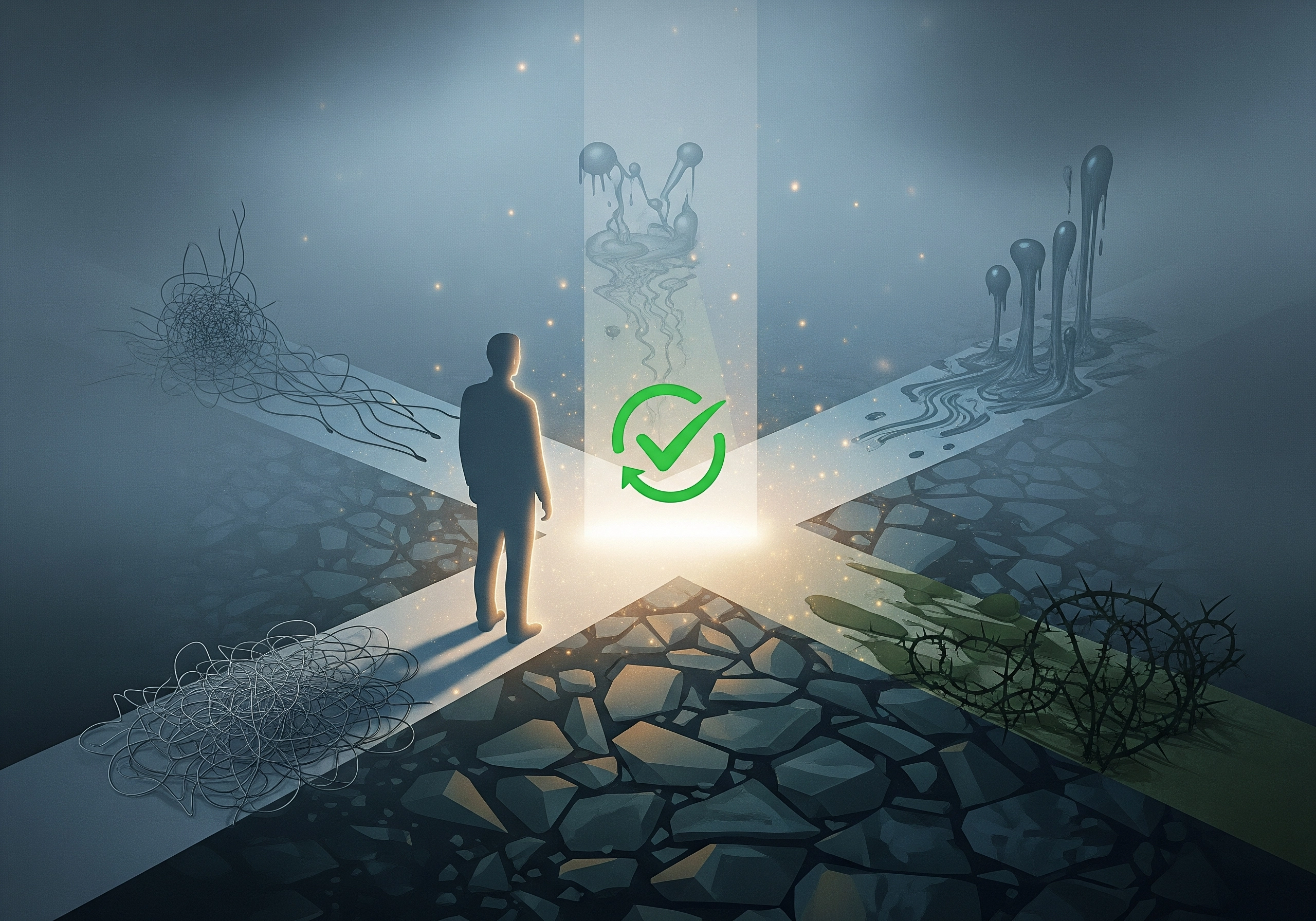 Person facing paths with challenges, the right path marked with a green check for ESG certification.