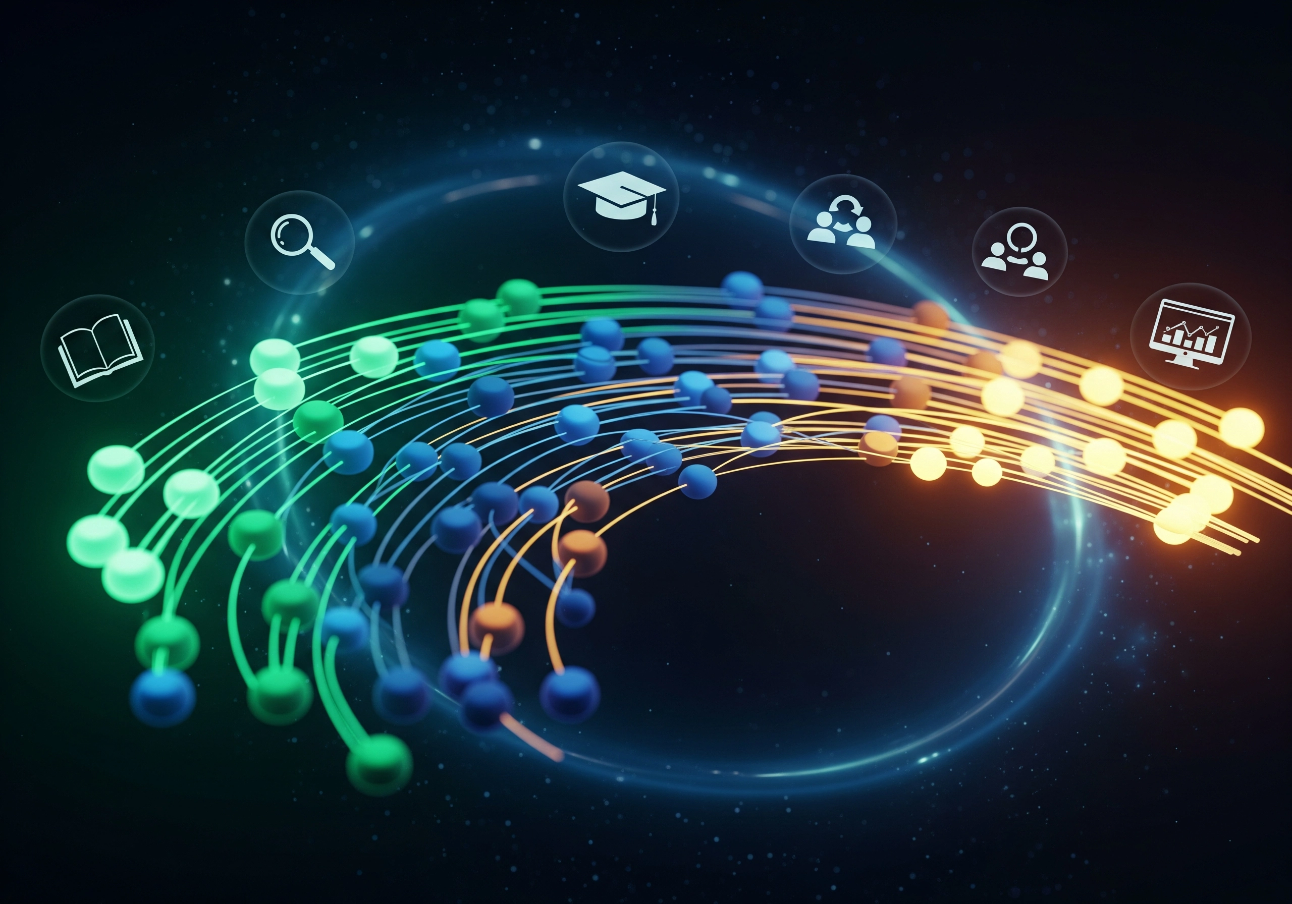 Abstract digital illustration of ESG certification courses with connected learning icons.