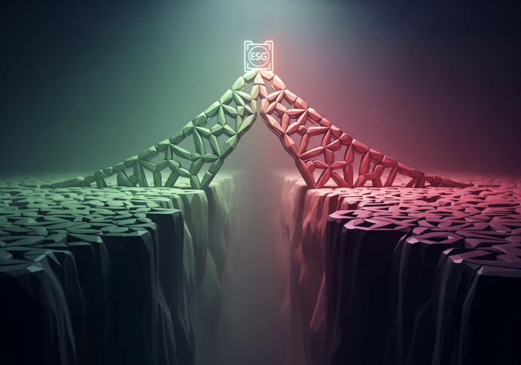 Abstract ESG certification bridge connecting two cliffs, symbolizing corporate ESG verification.