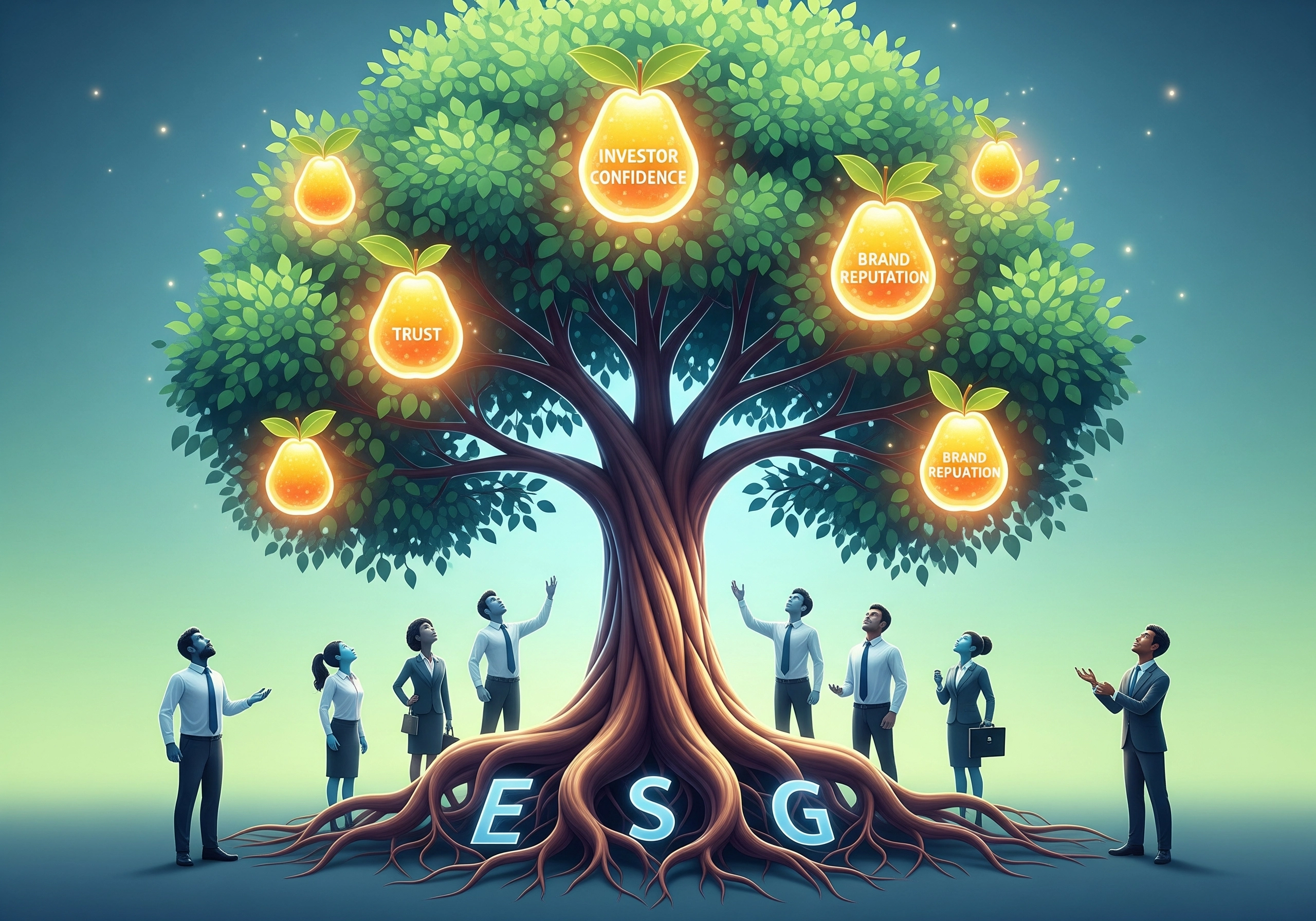 People looking up at ESG tree bearing fruits like investor confidence and brand reputation. ESG roots.