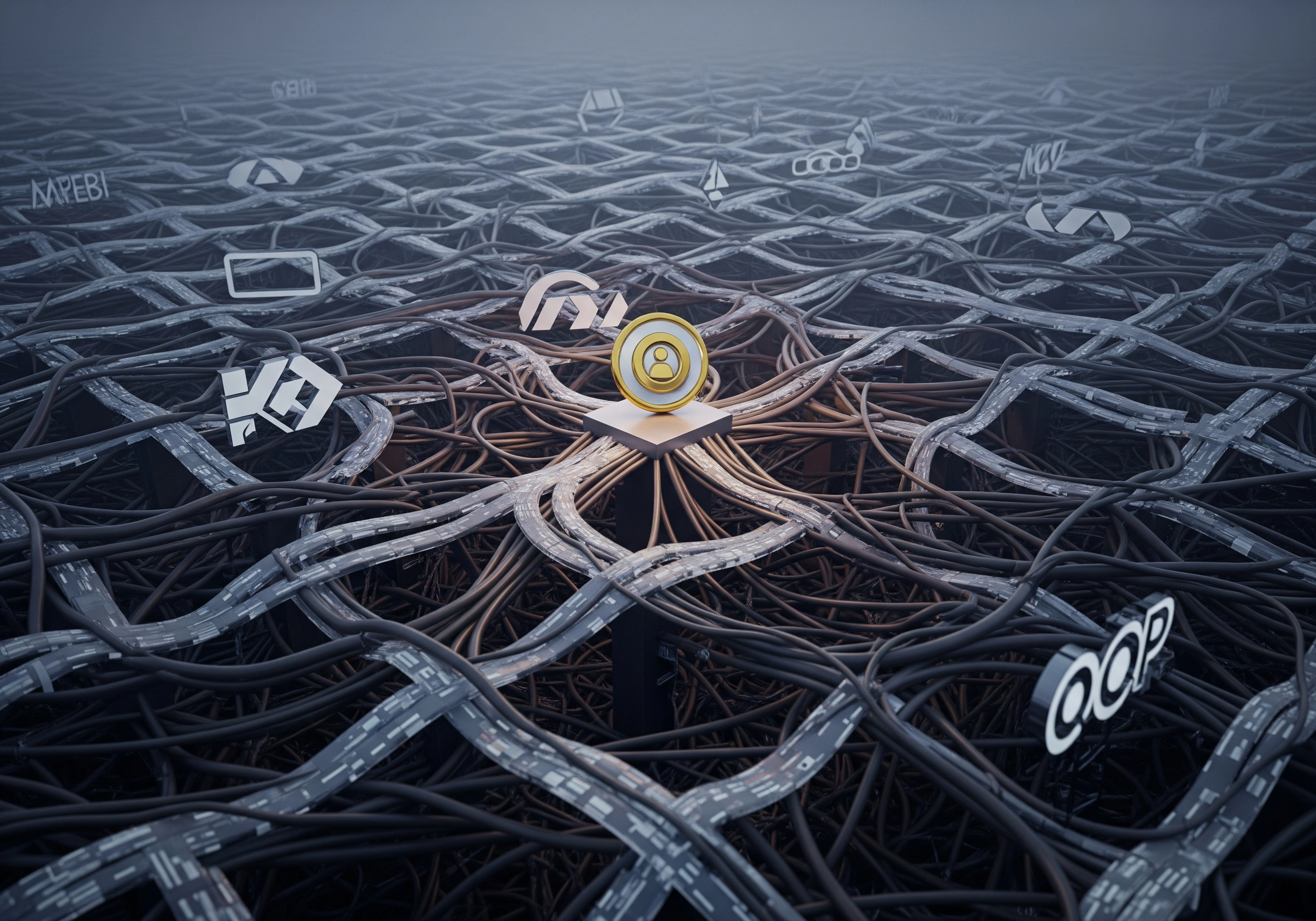 Abstract network of pathways converging on a gold ESG certification icon.