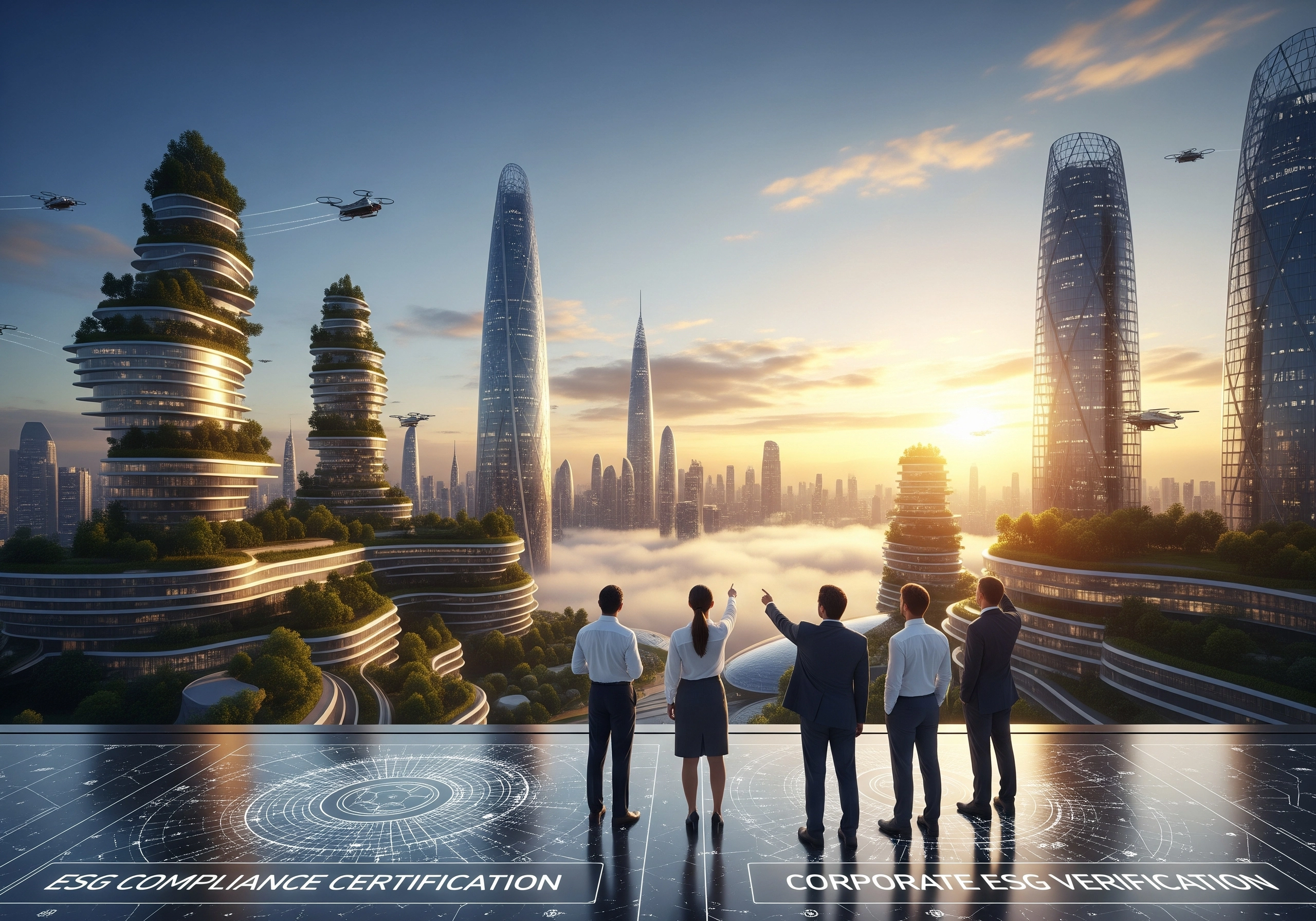 Team overlooking futuristic city with ESG compliance certification and corporate ESG verification.